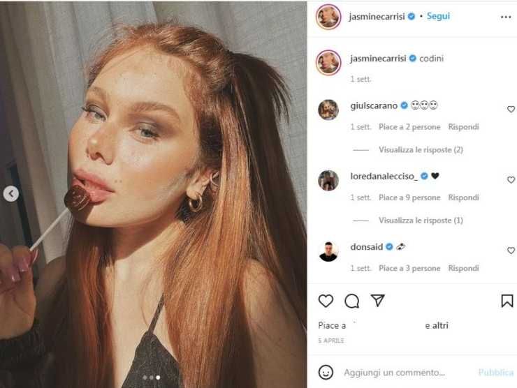 Jasmine Carrisi con i codini (Instagram) 16.4.2022 newstv.it