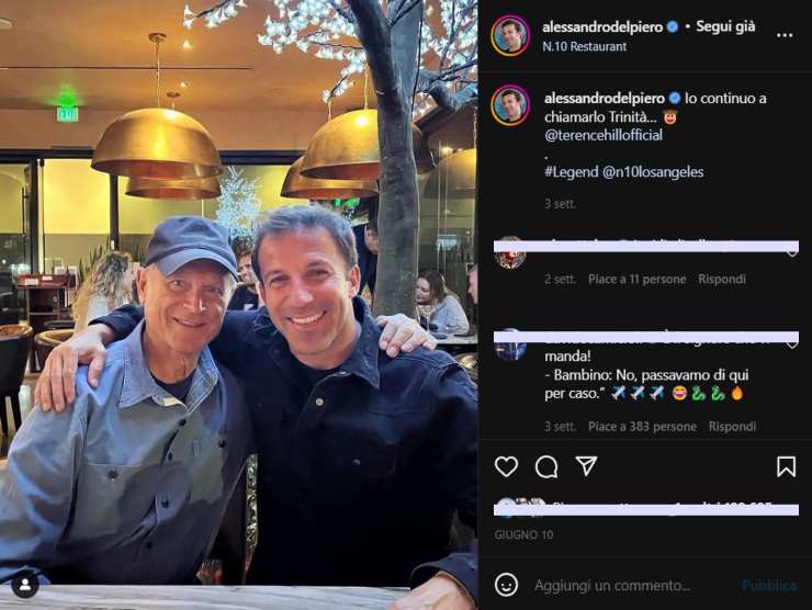 Terence Hill e Alessandro Del Piero (Instagram) 1 luglio 2022 newstv.it