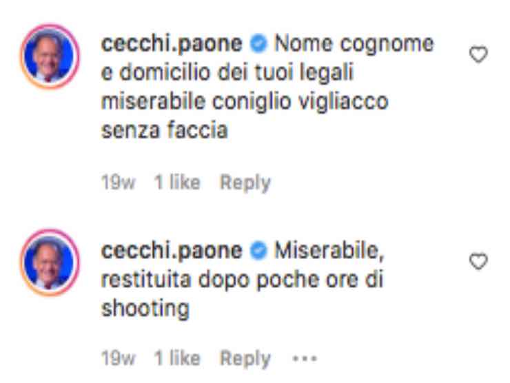 Un Cecchi Paone furioso reagisce ai commenti negativi | Instagram