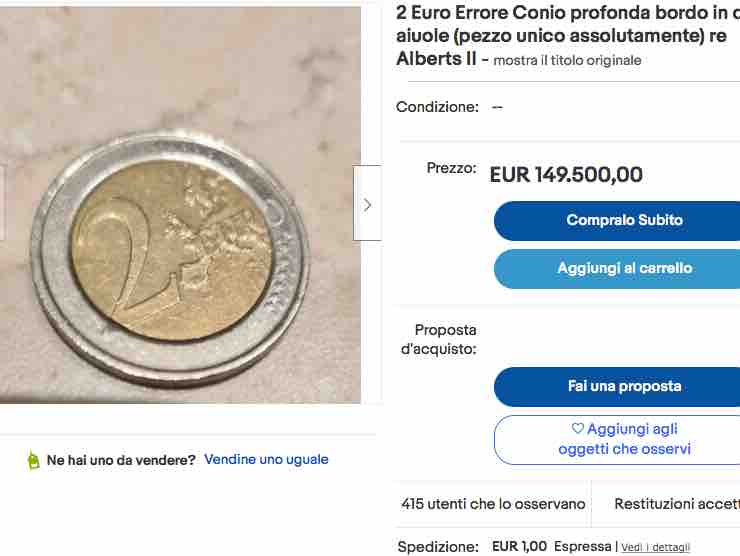 L'annuncio Ebay con la fortunatissima moneta da 2 euro del 2007 | Ebay